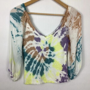 Chaser Smocked Double V Peasant Top Tie Dye Small